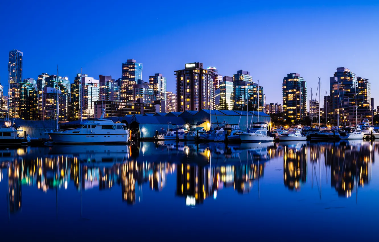 Photo wallpaper night, the city, the ocean, building, Marina, yachts, skyscrapers, the evening