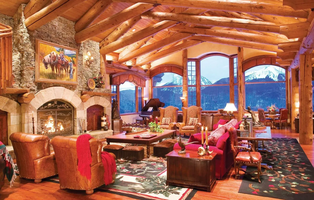Photo wallpaper design, style, Villa, interior, piano, Colorado, fireplace, living room