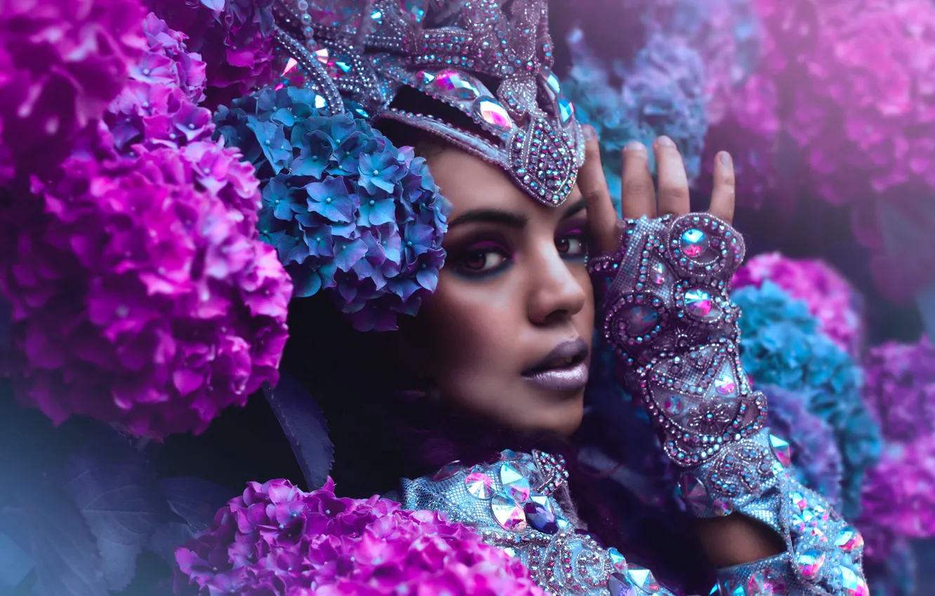 Photo wallpaper look, girl, decoration, flowers, face, style, makeup, hydrangea
