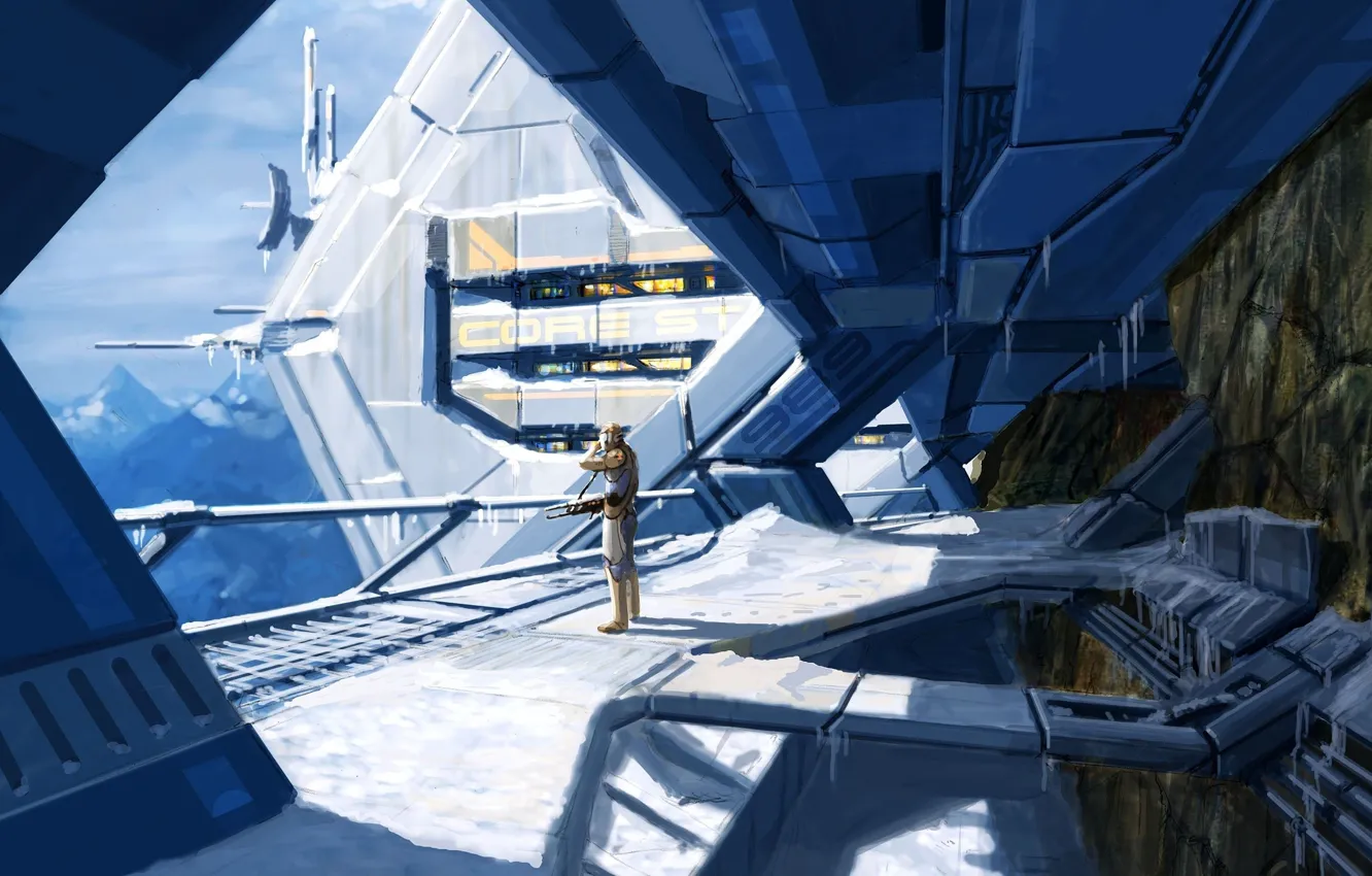 Photo wallpaper cold, weapons, people, station, icicles, art, security, mass effect