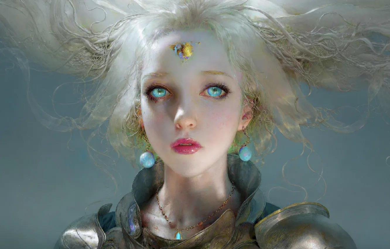 Photo wallpaper face, earrings, unicorn, blue eyes, grey background, white hair, art, unicorn