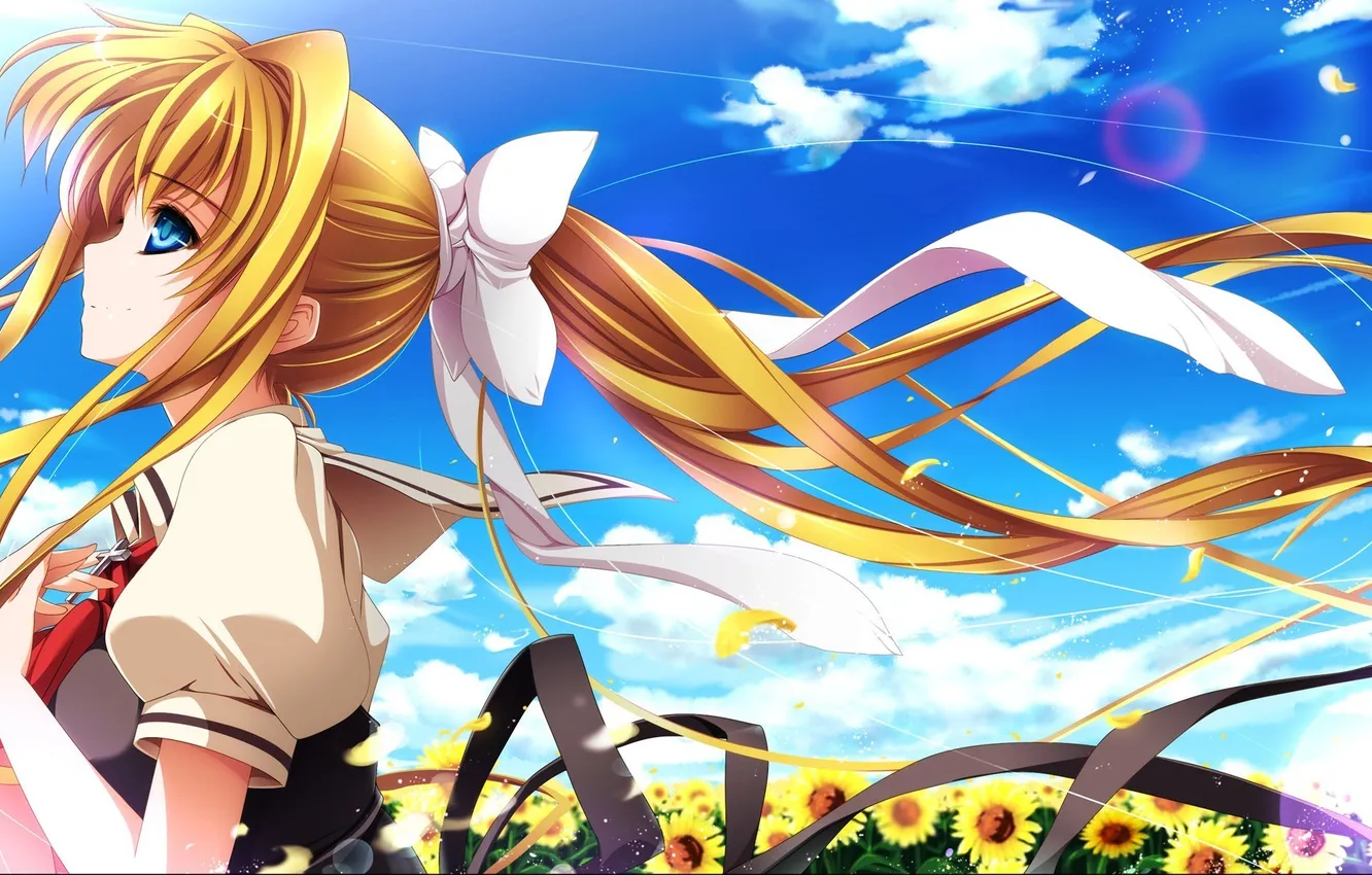 Photo wallpaper girl, sunflowers, the wind, art, tape, profile, cross, Air