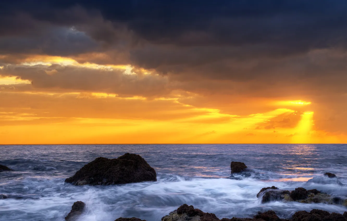 Photo wallpaper the sky, the sun, clouds, rays, light, clouds, the ocean, rocks