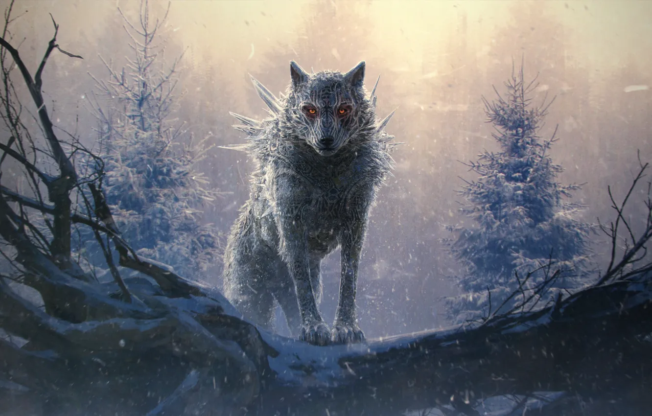 Photo wallpaper cold, fear, wolf, werewolf, burning eyes, werewolf, mater, dark place