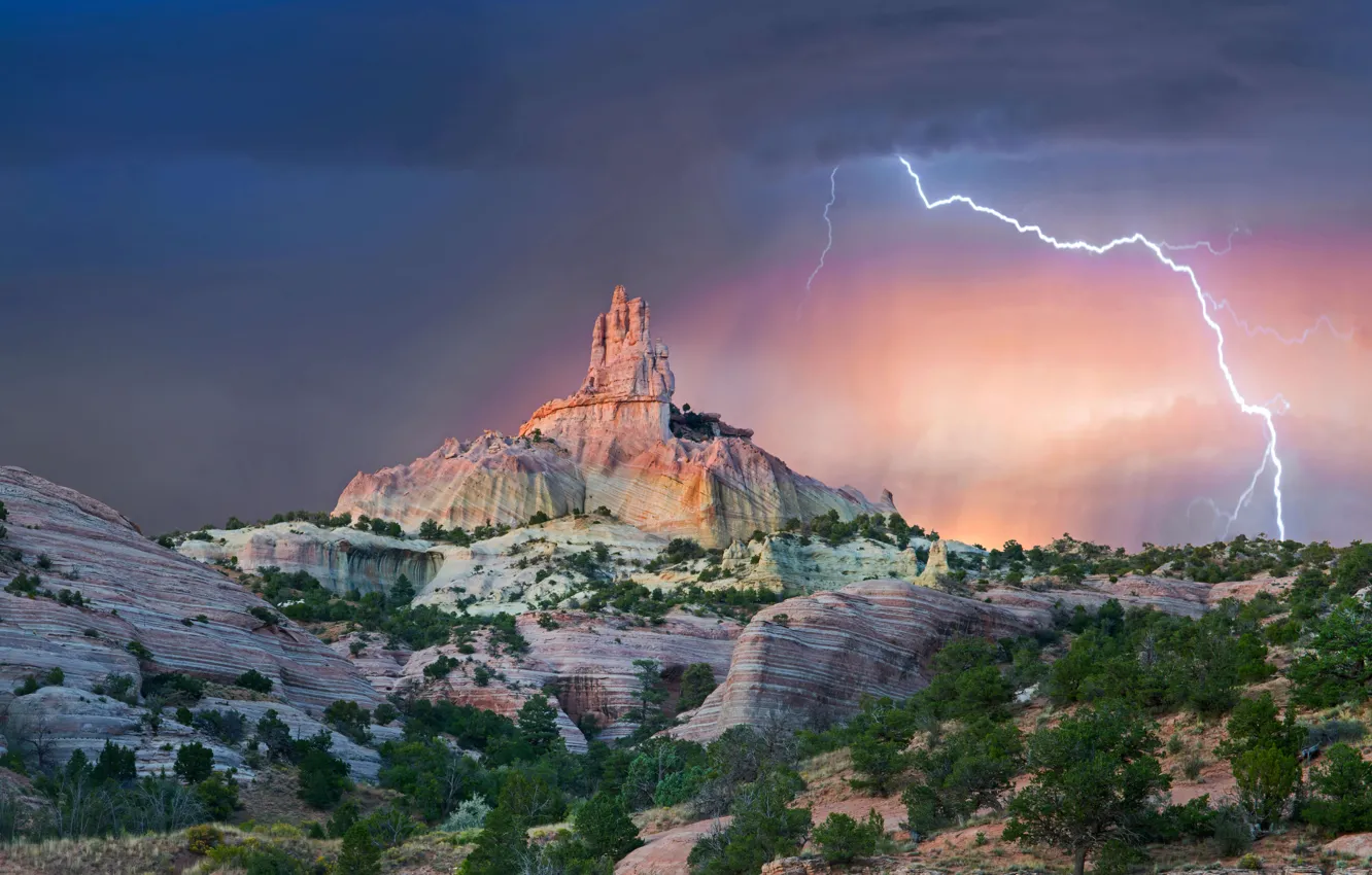 Photo wallpaper rock, lightning, USA, New Mexico, Church Rock, Red Rock Park