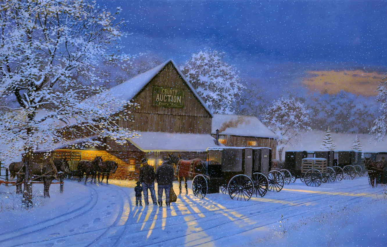 Photo wallpaper winter, snow, horses, the evening, painting, carts, Dave Barnhouse, The Gathering Place