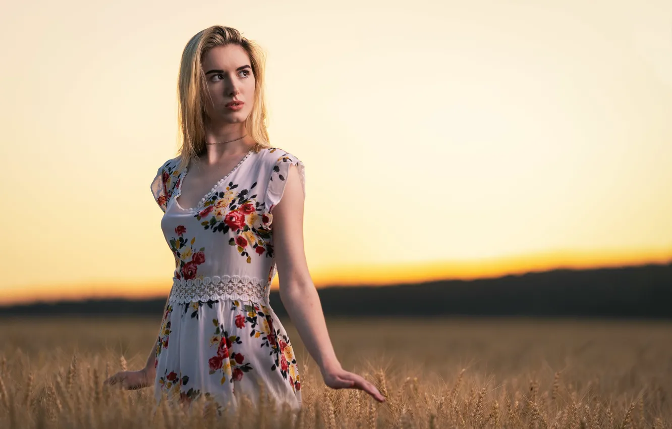 Photo wallpaper field, girl, dress, spikelets