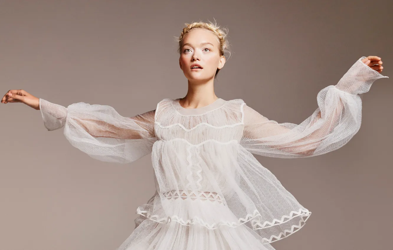 Photo wallpaper pose, model, makeup, dress, hairstyle, blonde, in white, photoshoot