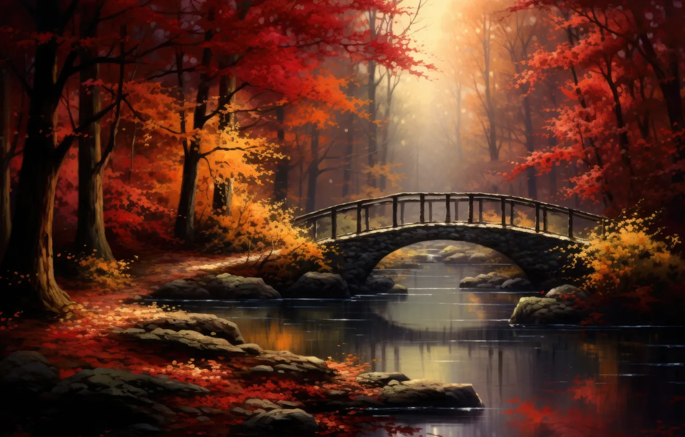 Photo wallpaper colors, forest, bridge
