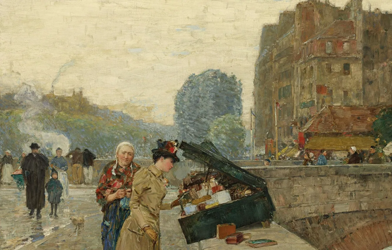 Photo wallpaper bridge, people, picture, the urban landscape, Frederick Childe Hassam, Childe Hassam, Quay Of Saint-Michel