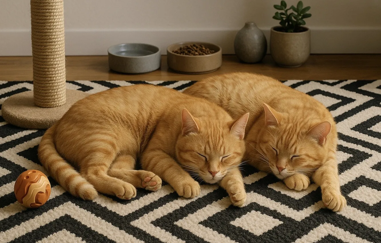 Photo wallpaper cat, cat, balls, pose, comfort, together, sleep, home