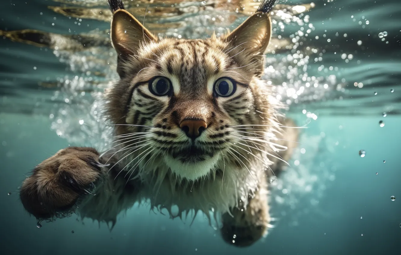 Photo wallpaper water, bathing, lynx, AI art, neural network