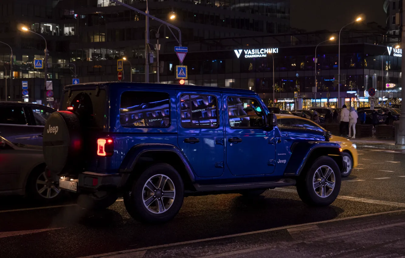 Photo wallpaper car, city, Auto, Road, Night, The city, Moscow, Blue