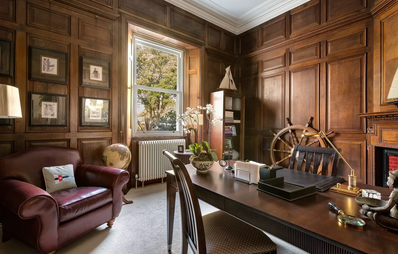 Photo wallpaper trees, design, table, chair, office, globe