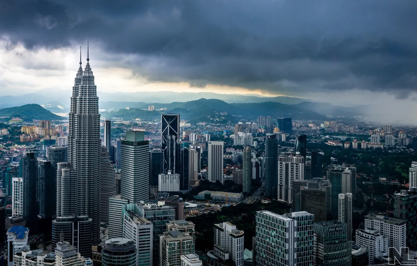 Photo wallpaper clouds, the city, building, panorama, Malaysia, Kuala Lumpur