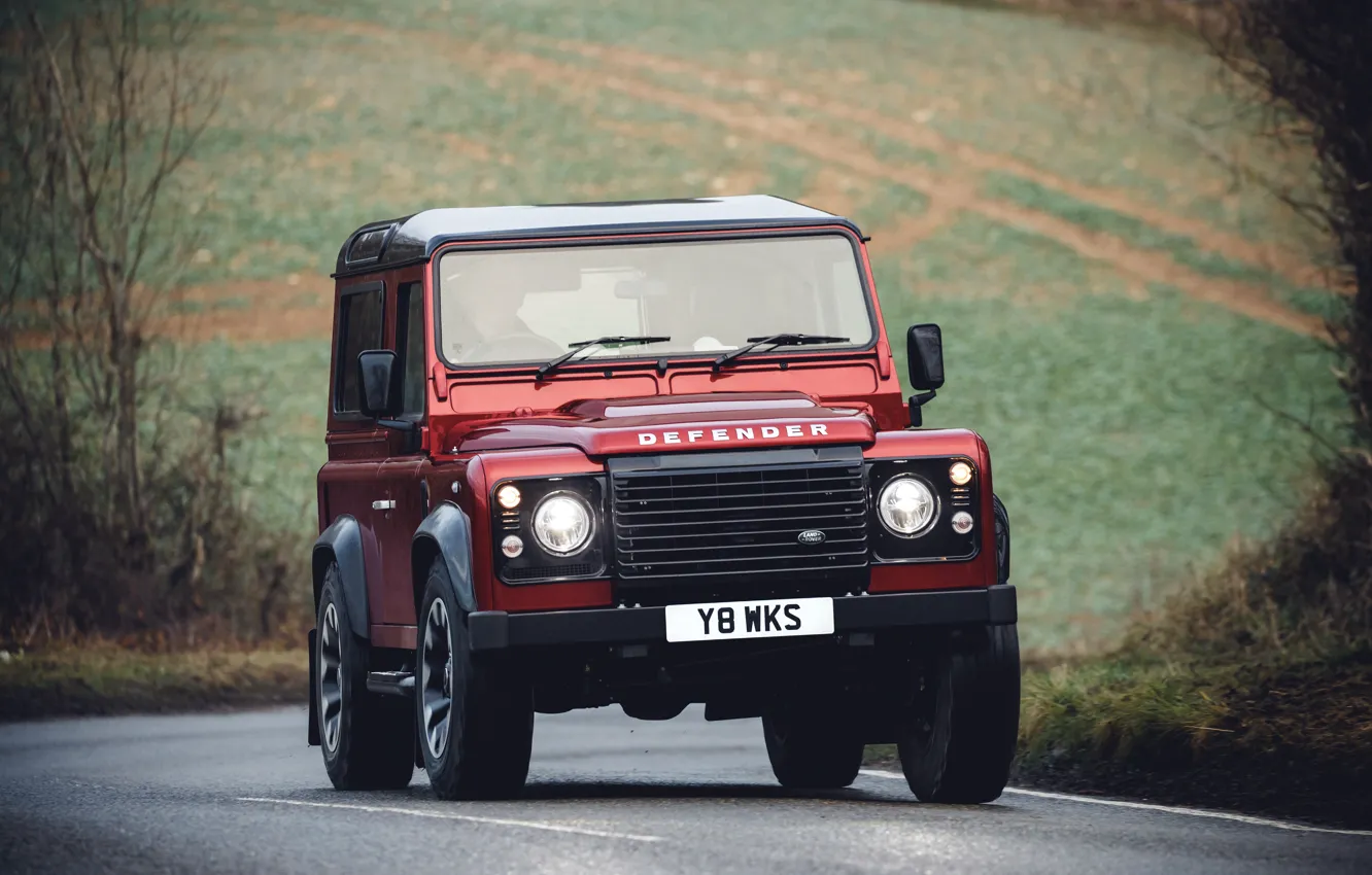 Photo wallpaper road, red, turn, SUV, Land Rover, 2018, dampness, Defender