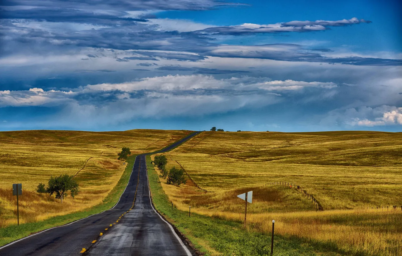 Photo wallpaper road, field, autumn, the sky, grass, hills, space, USA