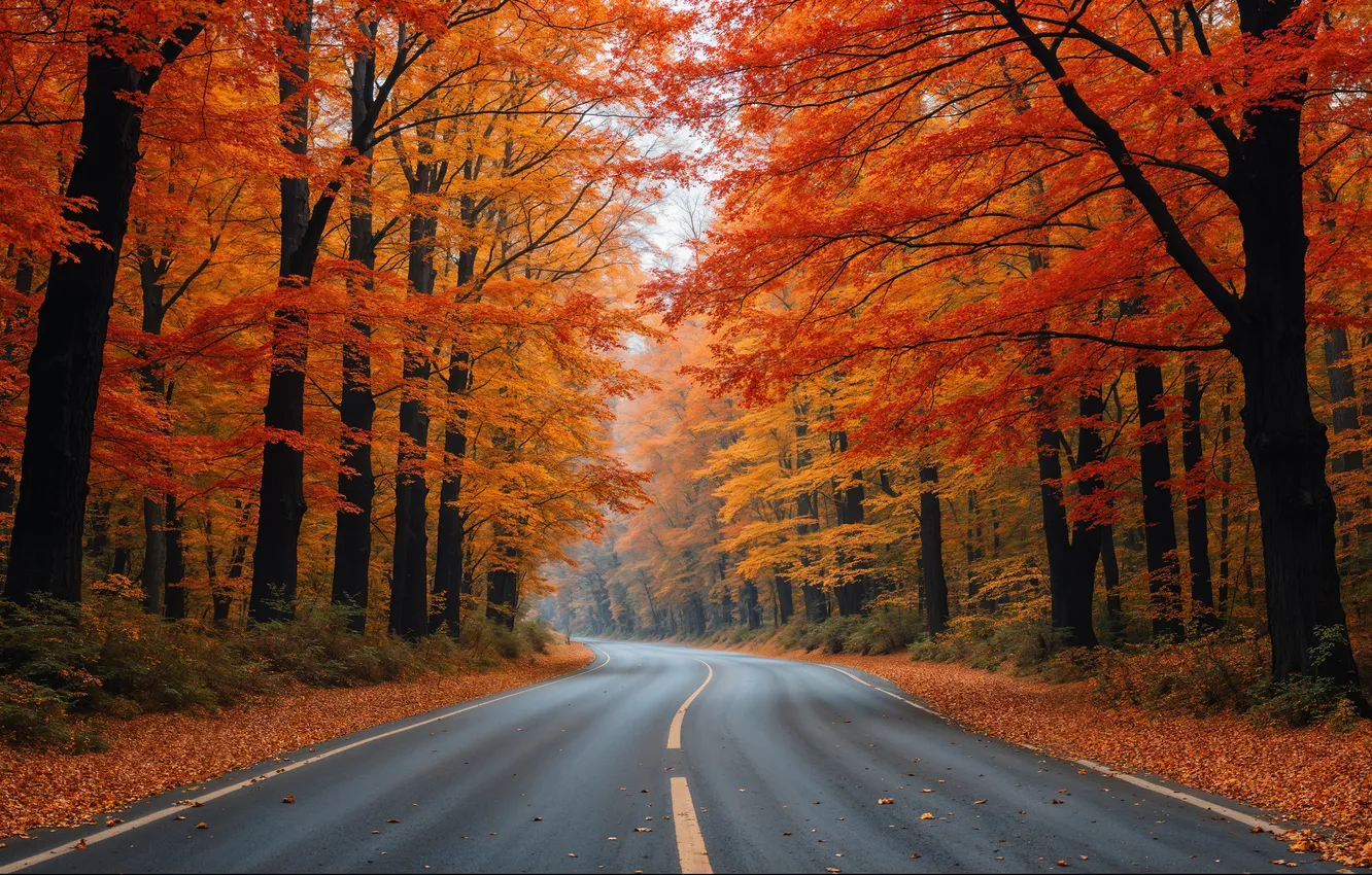 Photo wallpaper road, autumn, forest, the sun, rays, light, trees, branches