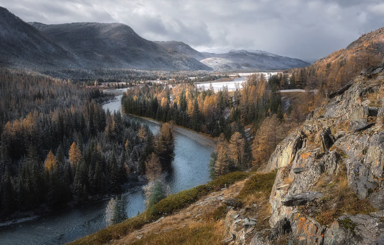 Photo wallpaper autumn, snow, landscape, mountains, nature, river, valley, forest