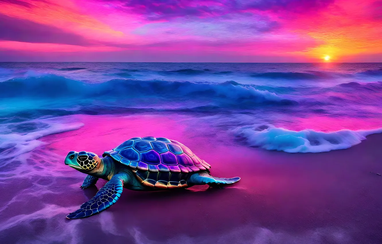 Photo wallpaper beach, sunset, the ocean, turtle