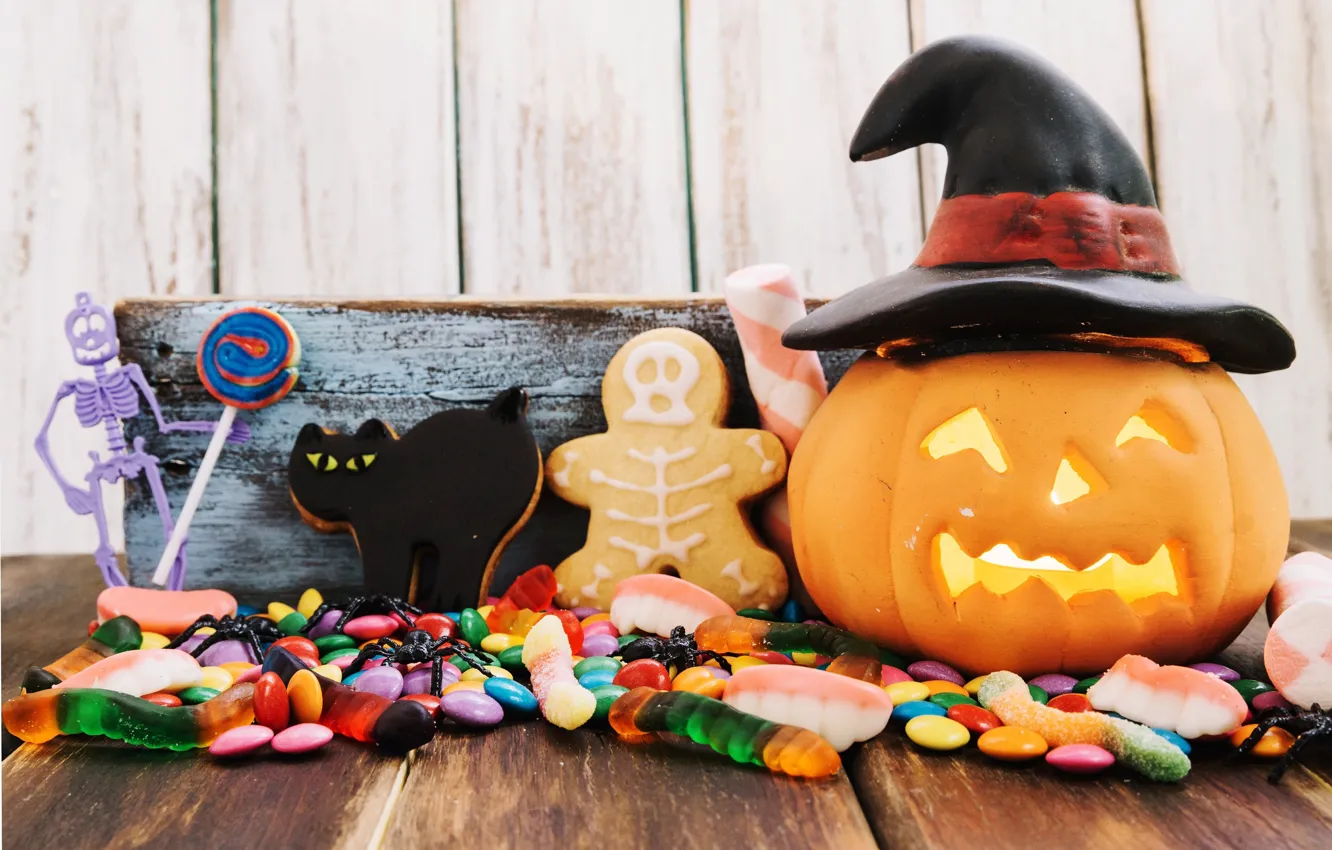 Photo wallpaper hat, Halloween, holiday, letters, marmalade, pumpkin, spider, cookie