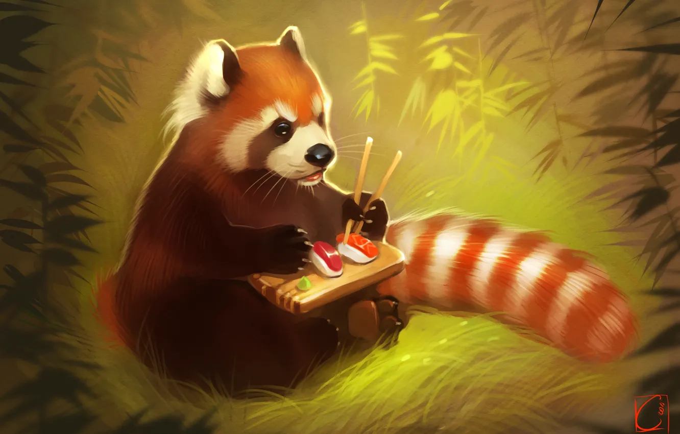 Photo wallpaper bear, art, Panda, sushi, red panda