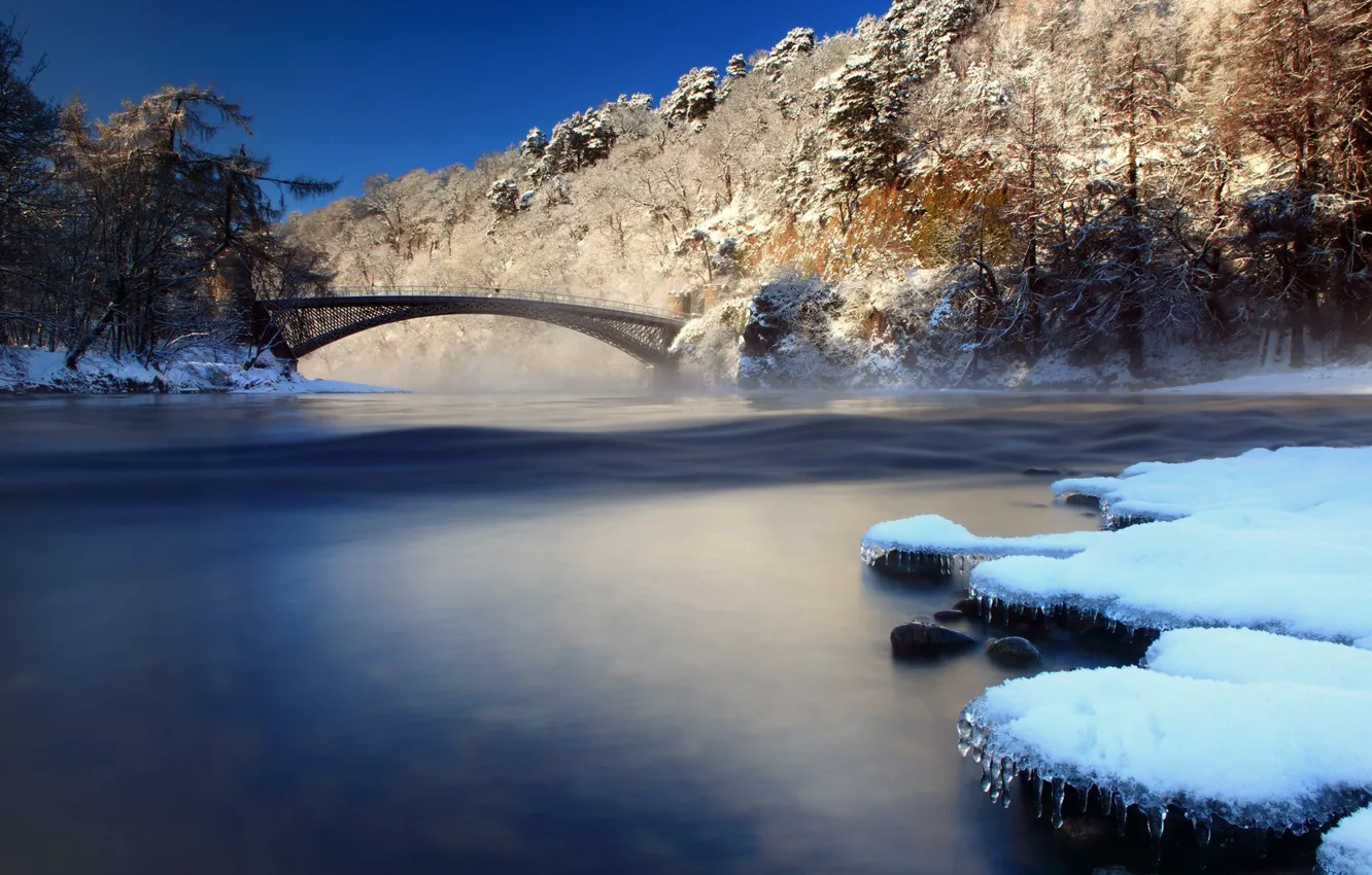 Photo wallpaper ice, forest, river, photography, trees, landscape, nature, bridge