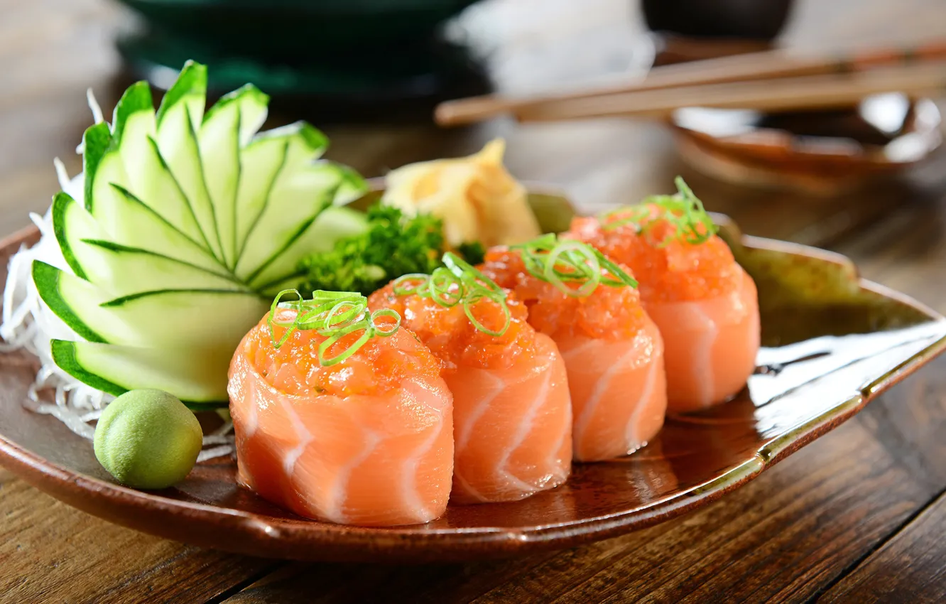 Photo wallpaper greens, fish, plate, vegetables, sushi
