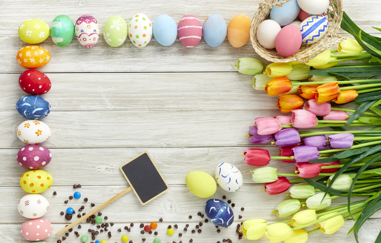 Photo wallpaper flowers, eggs, spring, colorful, Easter, tulips, wood, flowers