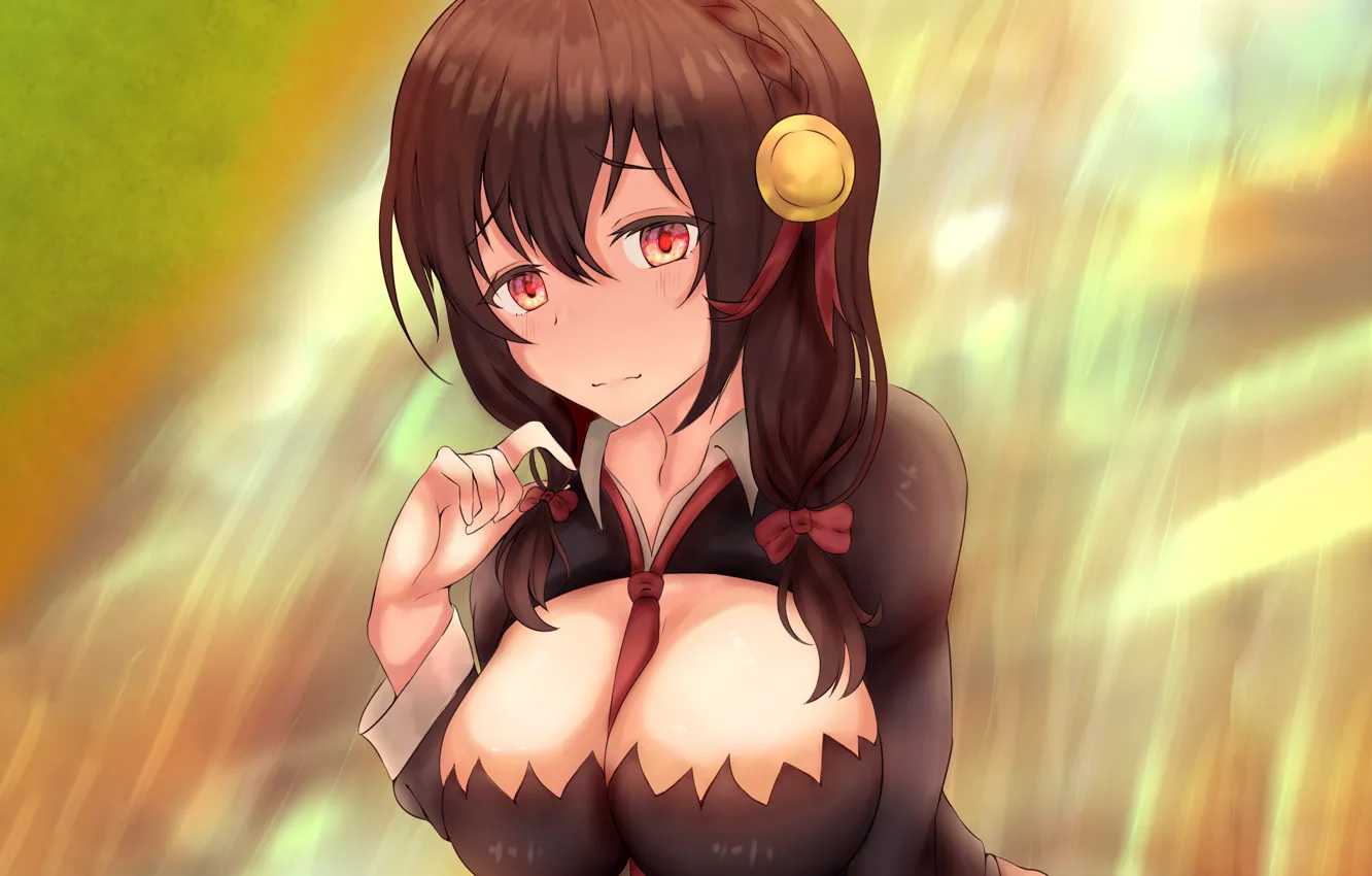 Photo wallpaper girl, sexy, cleavage, blouse, long hair, brown hair, boobs, anime