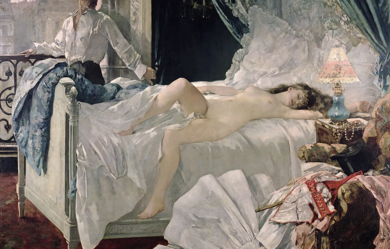 Photo wallpaper girl, bed, picture, male, two, rolls, naked, French artist