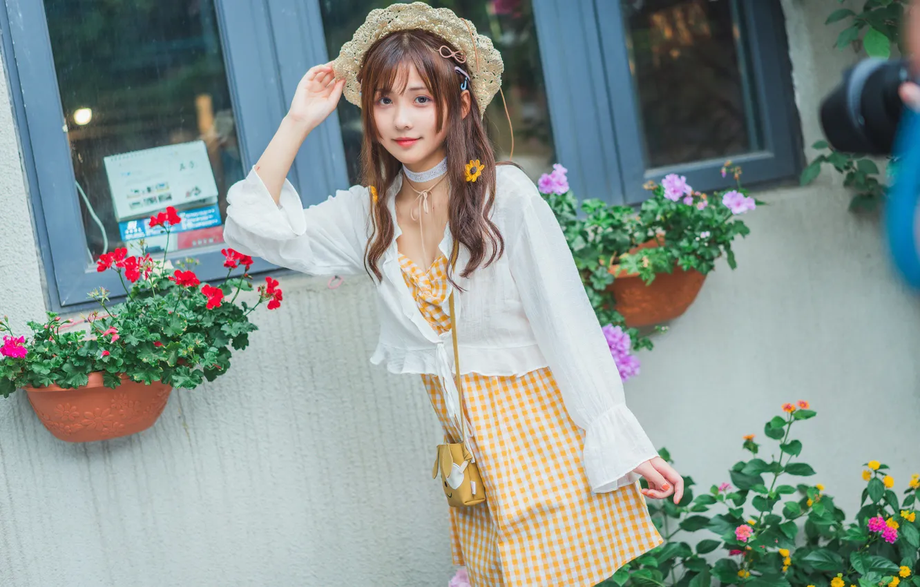 Photo wallpaper pose, smile, model, hat, Asian, beauty, cutie, model