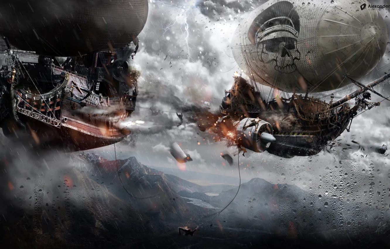 Photo wallpaper flight, mountains, ship, shot, art, turbine, the airship, battle