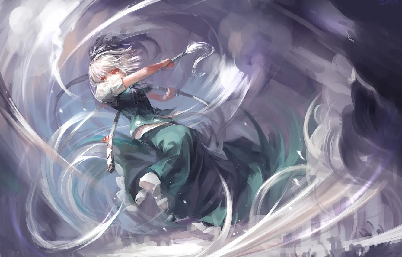 Photo wallpaper girl, weapons, anime, dress, art, white hair