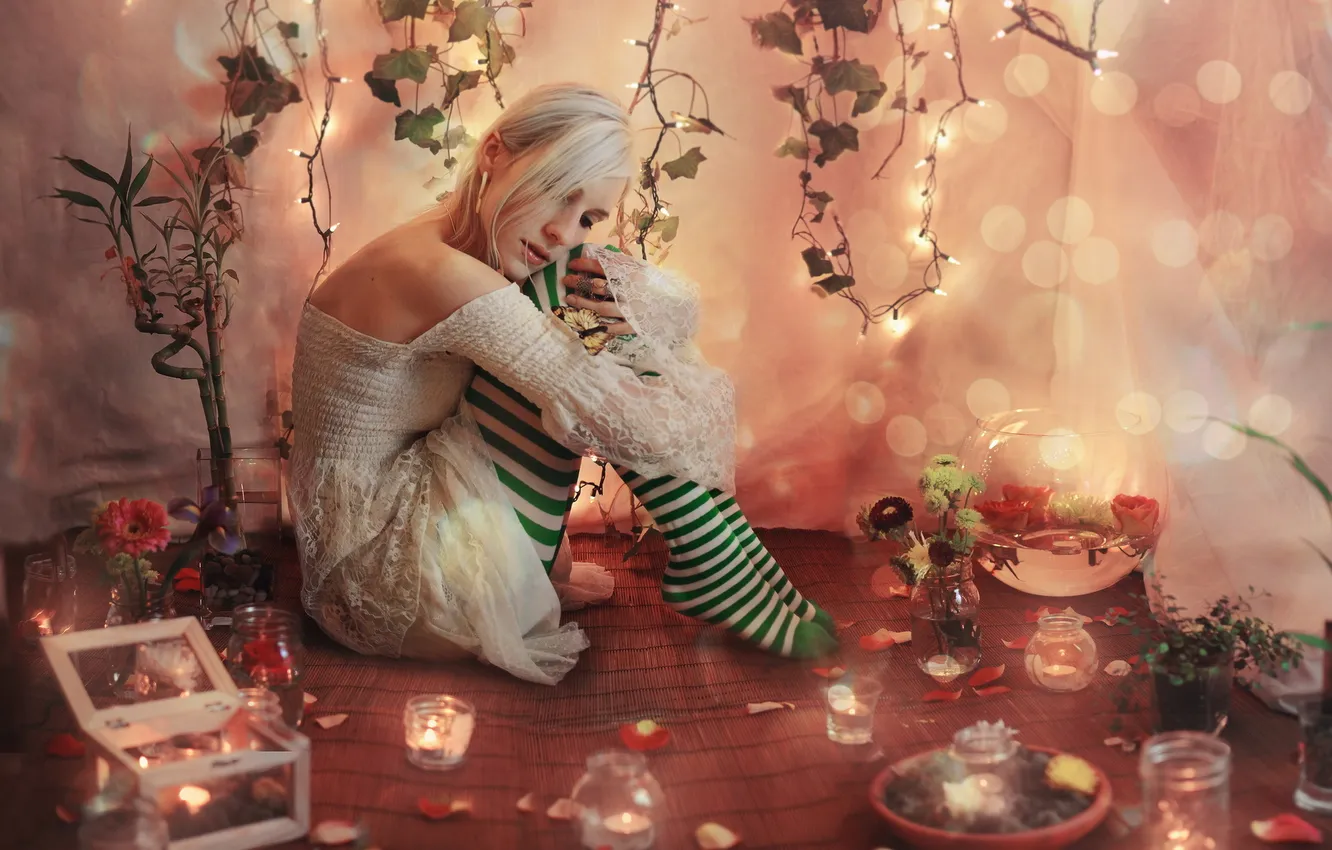 Photo wallpaper girl, background, candles