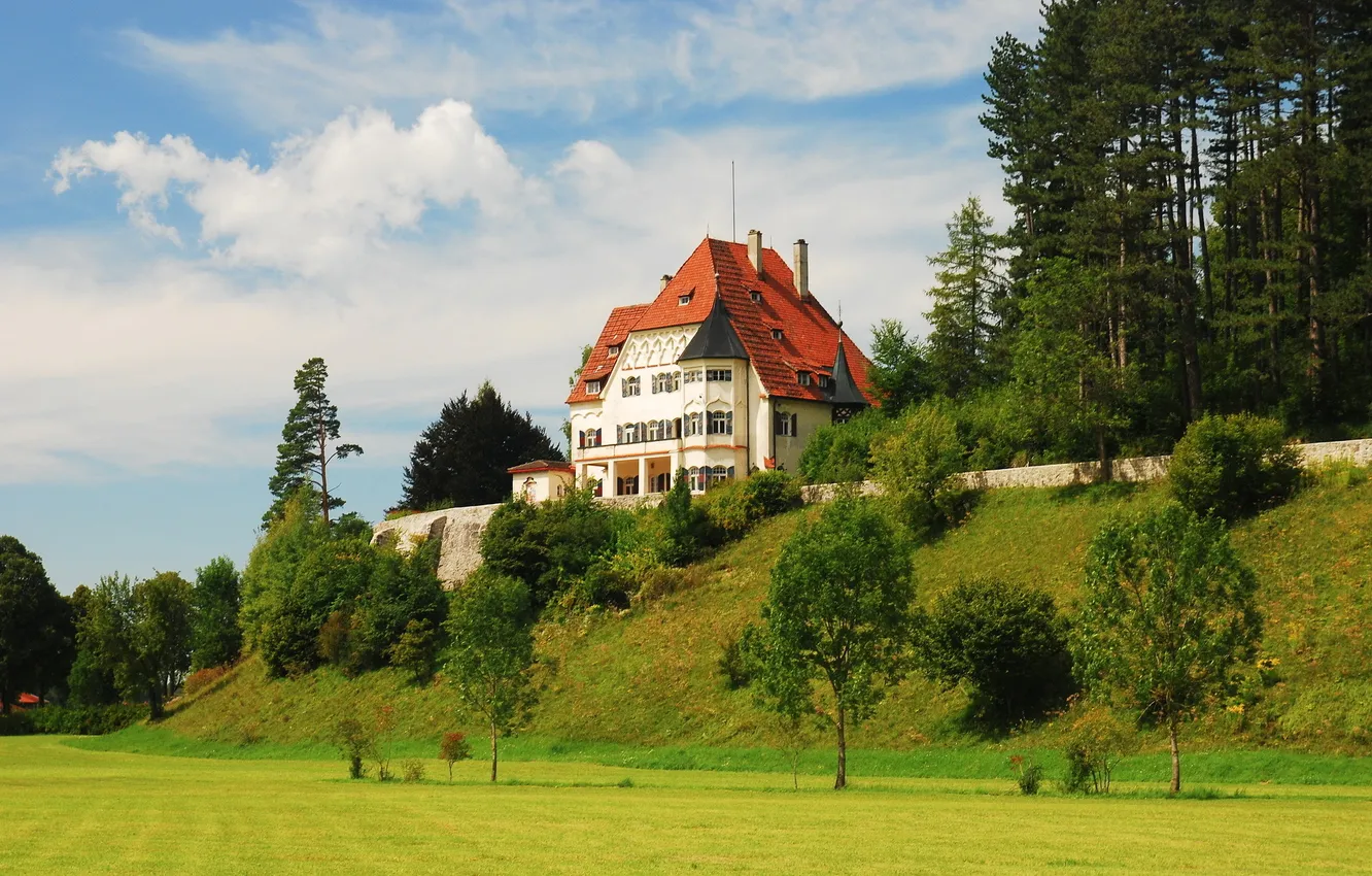 Photo wallpaper trees, the city, photo, glade, home, Germany, slope, Schwangau