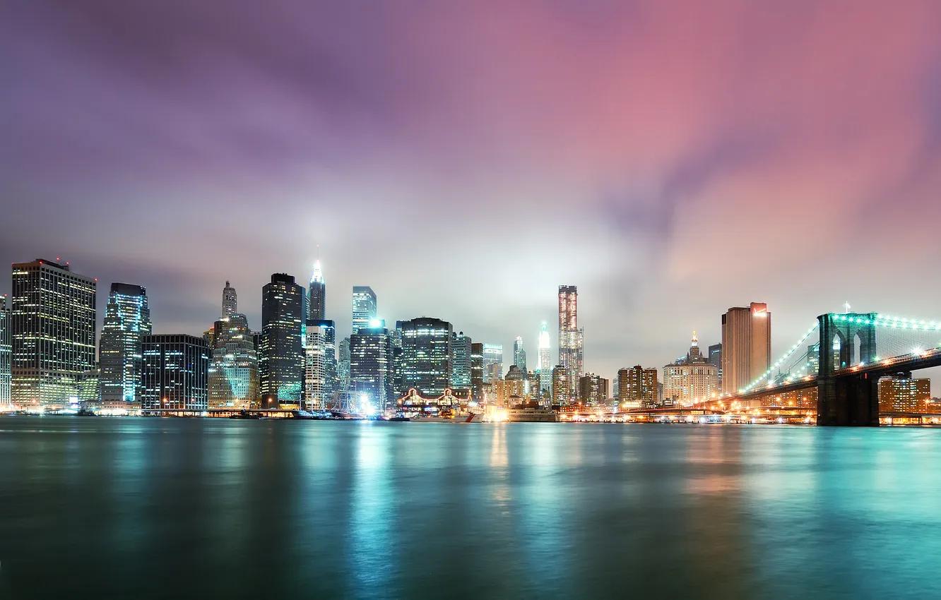 Photo wallpaper night, river, skyscrapers, Brooklyn bridge, NYC