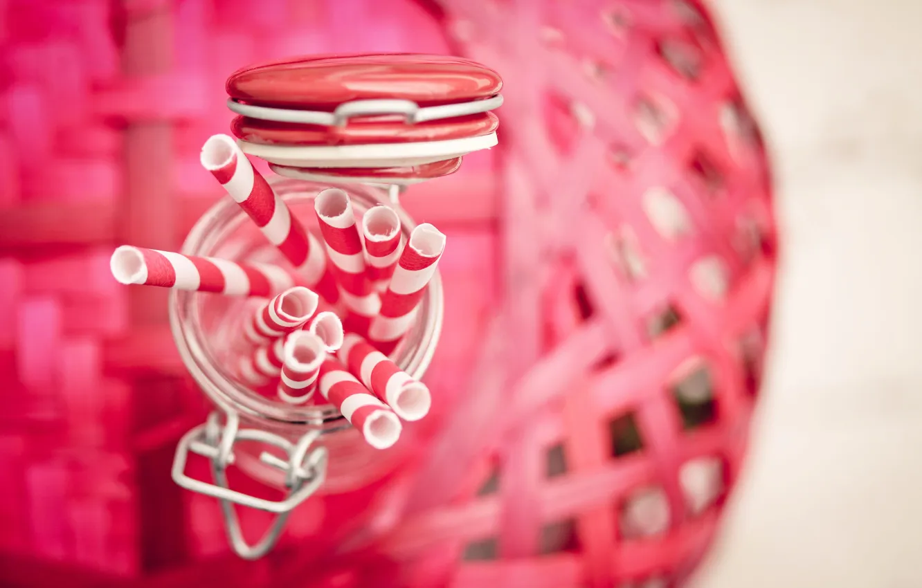 Photo wallpaper blur, jars, Bank, pink, white, tube, straws