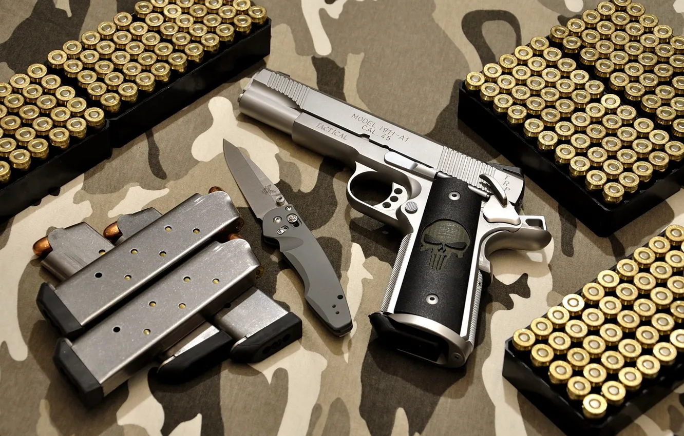 Photo wallpaper pistol, bullets, Punisher, 1911, Colt, knife
