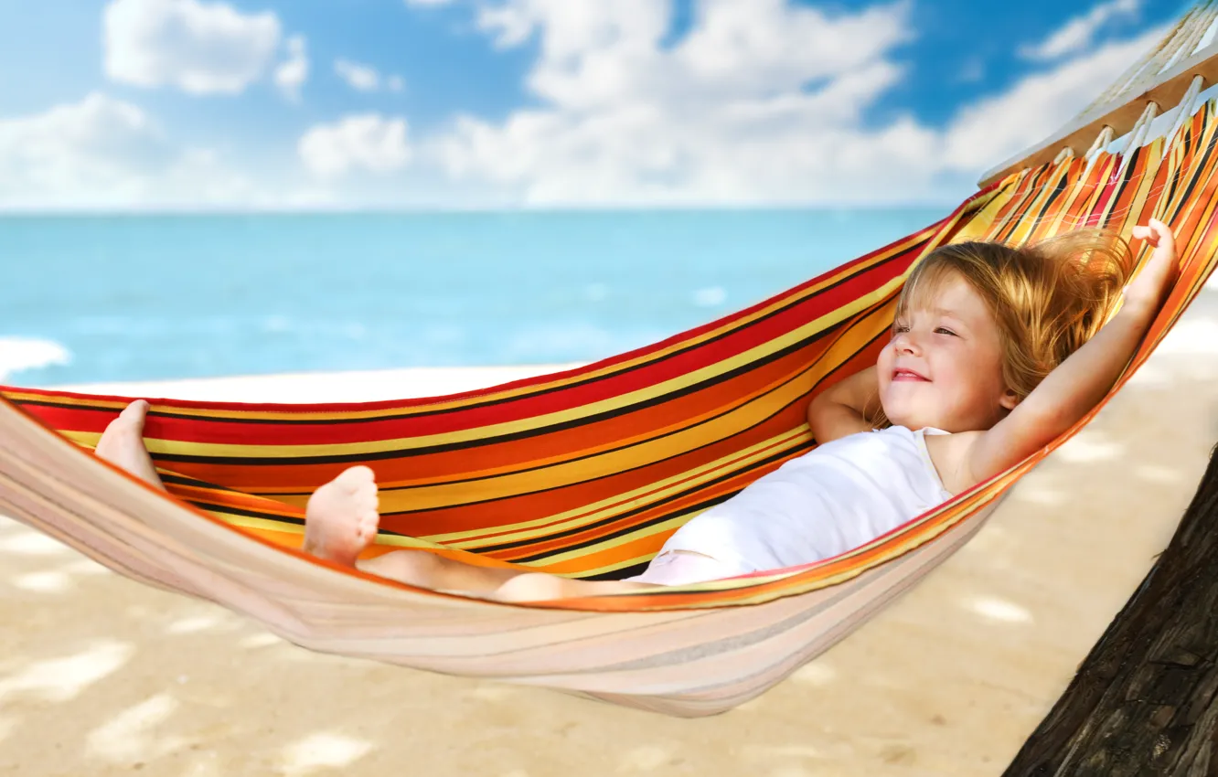 Photo wallpaper sea, beach, summer, stay, child, hammock, girl, resort
