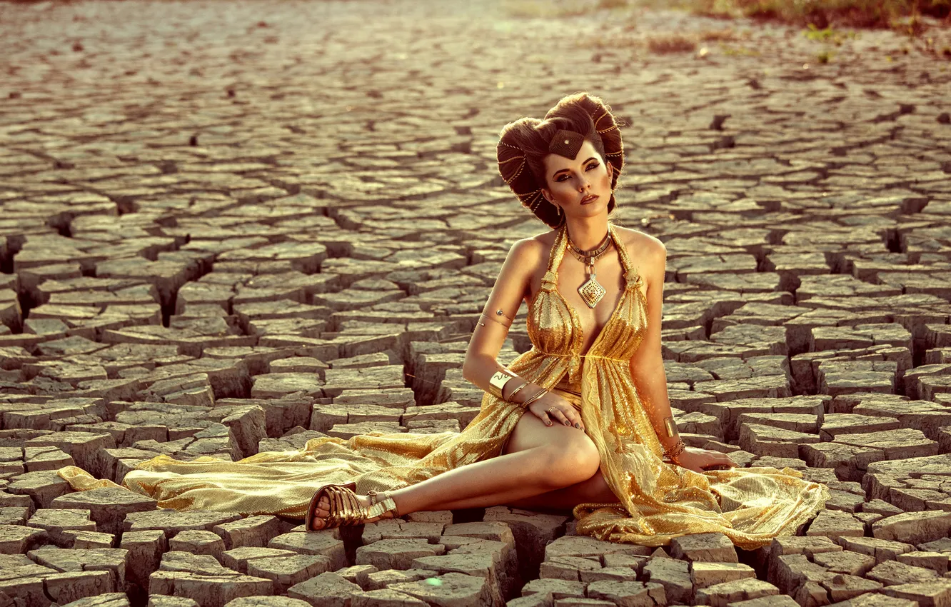 Photo wallpaper chest, look, girl, decoration, cracked, pose, style, earth