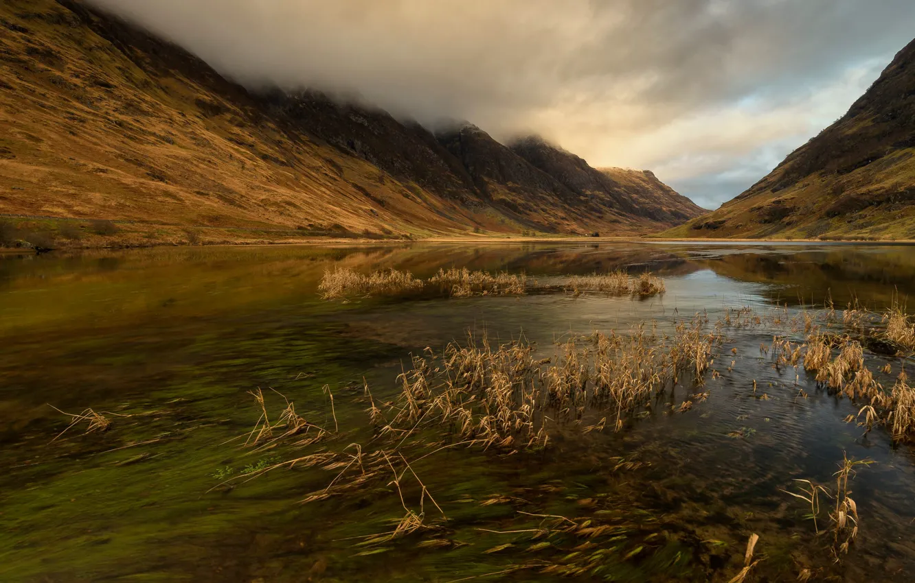 Photo wallpaper autumn, grass, clouds, mountains, fog, lake, hills, shore
