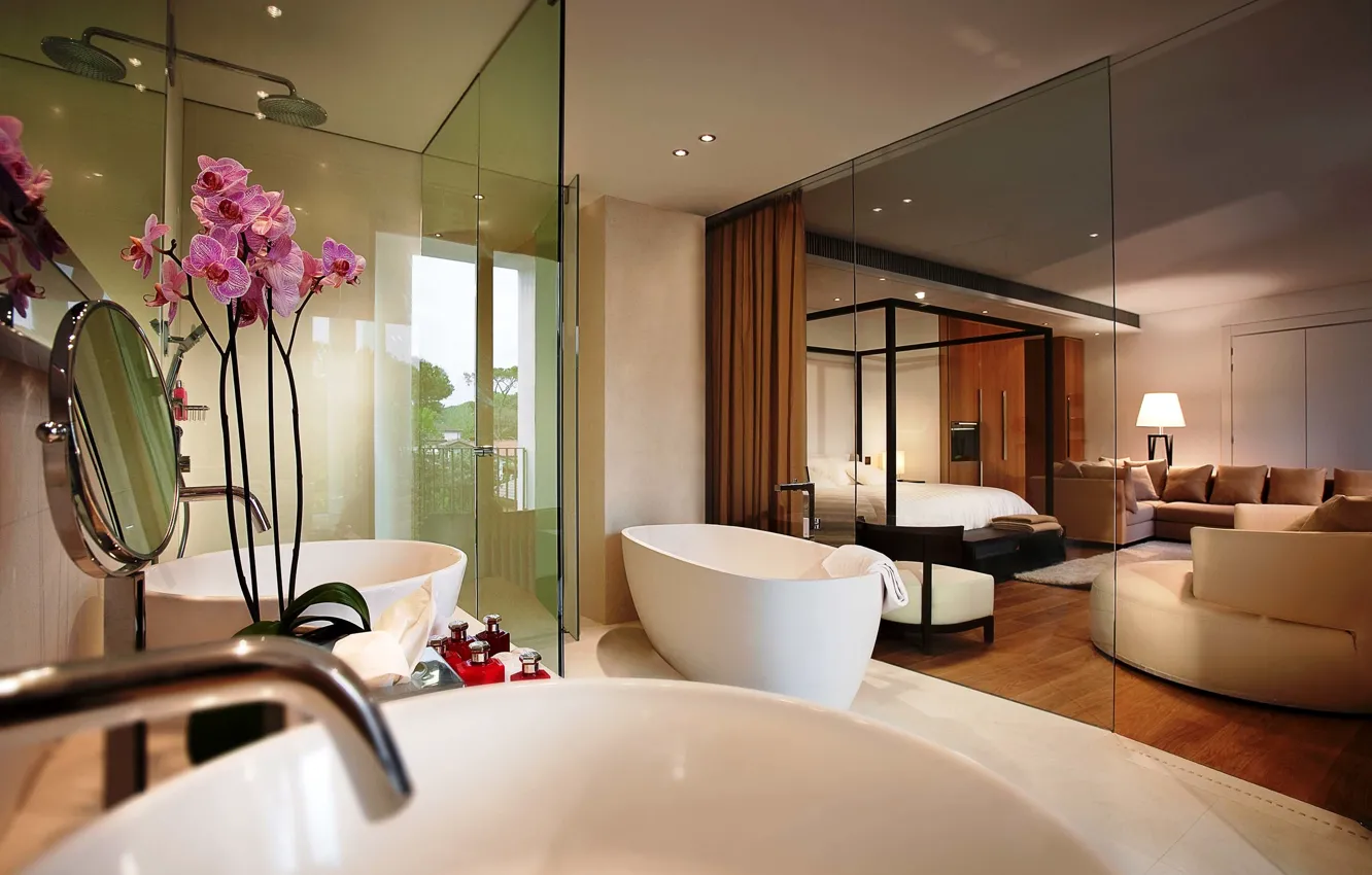 Photo wallpaper glass, interior, bedroom, bathroom