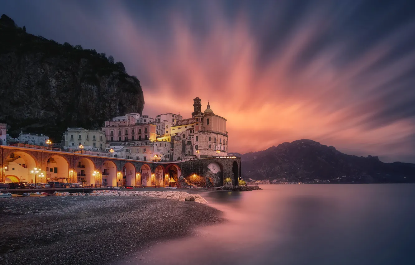 Photo wallpaper sea, landscape, mountains, rocks, coast, building, the evening, lighting