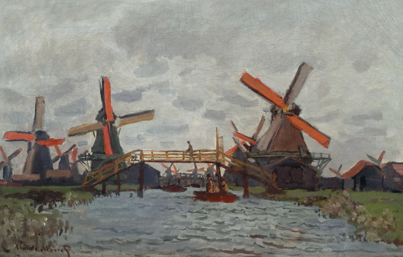 Photo wallpaper landscape, picture, Claude Monet, Windmills near Zaandam