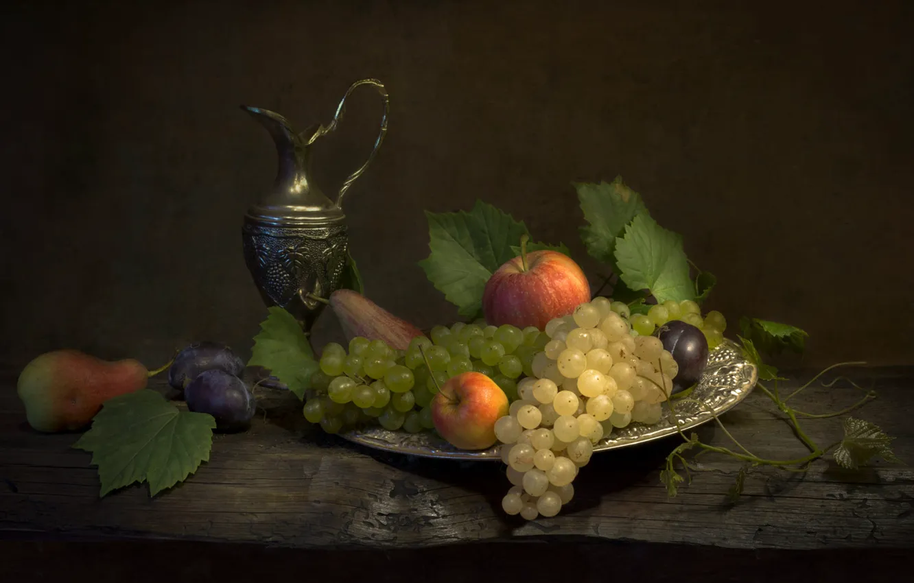 Photo wallpaper leaves, metal, green, table, apples, Board, grapes, dishes