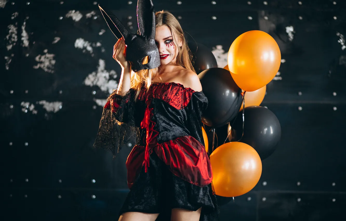 Photo wallpaper autumn, girl, the dark background, holiday, makeup, pumpkin, Halloween, witch