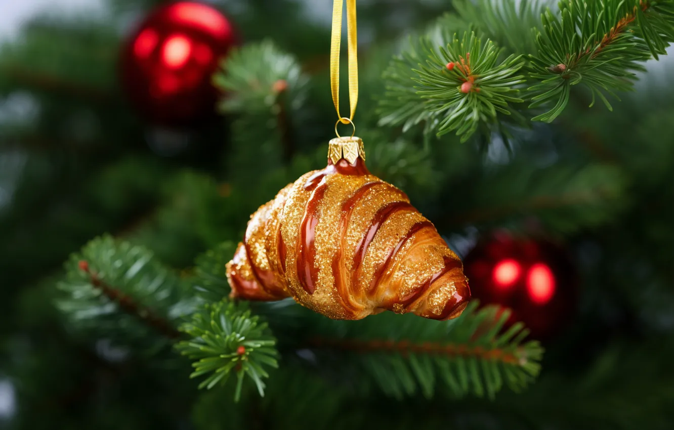 Photo wallpaper balls, branches, toy, new year, Christmas, needles, bokeh, Christmas decorations