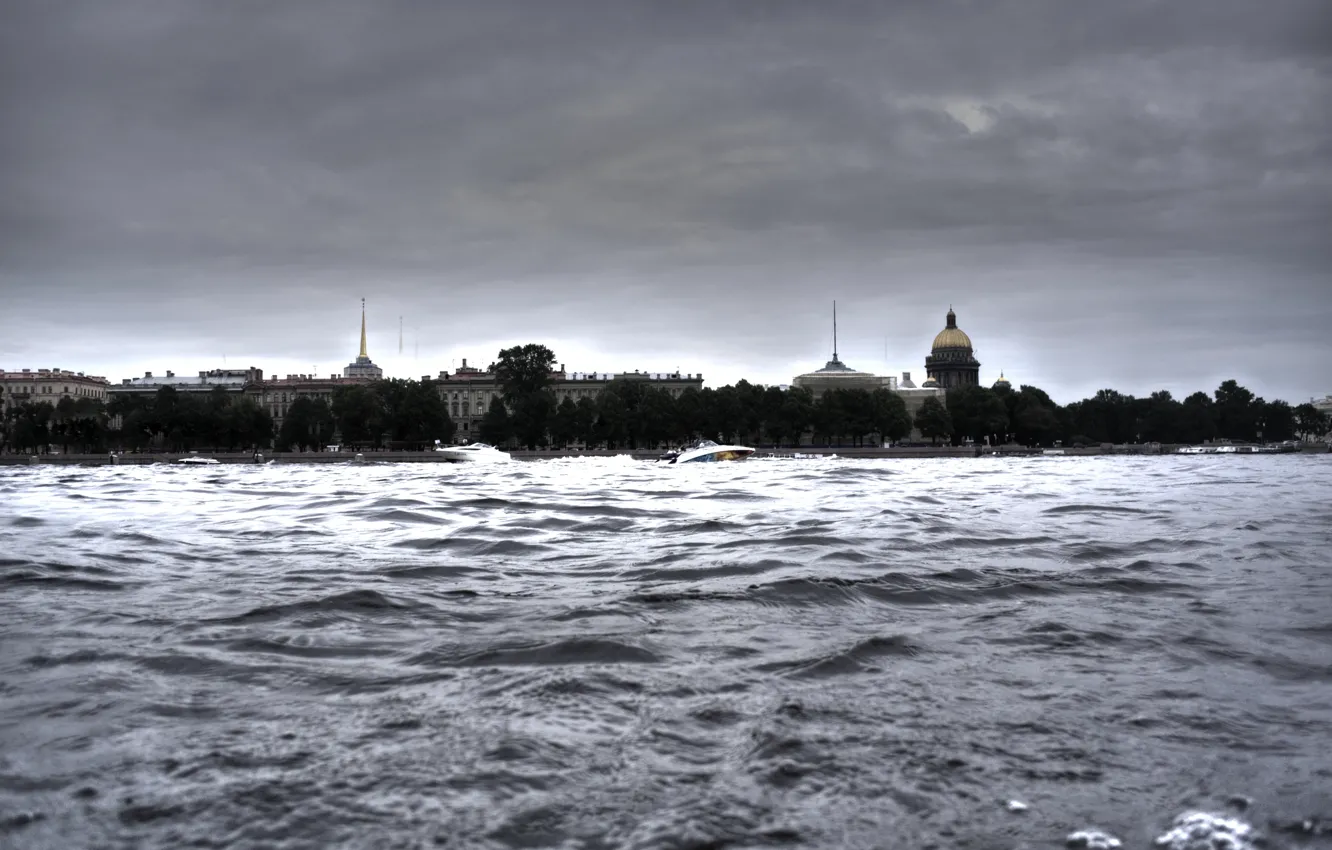 Photo wallpaper wave, water, river, Saint Petersburg, Cathedral, Neva, Isaac, HDR. spires