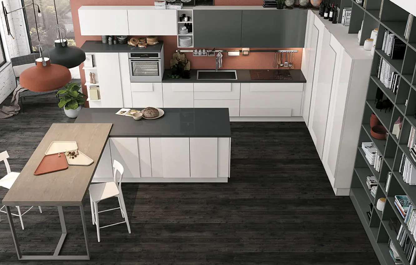 Photo wallpaper style, interior, Italy, kitchen, dining room, dining area, Italian design, soft loft